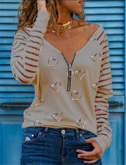 Fashion Heart print Zipper V neck Long sleeve T-Shirts