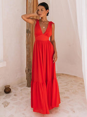Elegant V-neck pleated hem drawstring dresses
