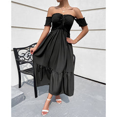 Elegant off shoulder high-waisted solid color party dress