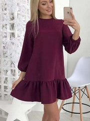 Fashion Pure Round neck Long sleeve Falbala Shift Dresses