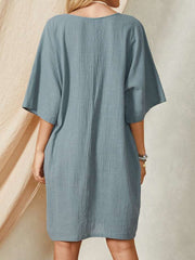 Casual Loose Pure V neck Half sleeve Shift Dresses