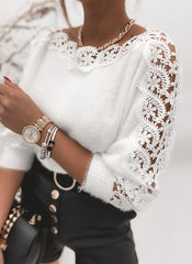 Sexy V-neck lace stitching solid color long-sleeved sweaters