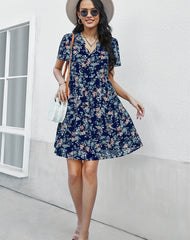 V neck short sleev floral printed women shift dresses