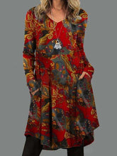 Casual Retro print V neck Long sleeve Shift Dresses