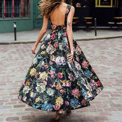 Sexy Floral print V neck Sleeveless Backless Skater Dresses
