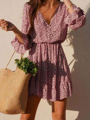 Casual Print V neck Mandarin sleeve Skater Dresses