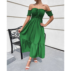 Elegant off shoulder high-waisted solid color party dress