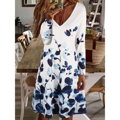 Fall New Floral Printed Long Sleeve V Neck Shift Dresses