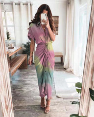 Elegant Short Sleeve Satin V neck maxi dresses for women