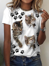 Cat Printed Round Neck Short Sleeve Daily T-shirts
