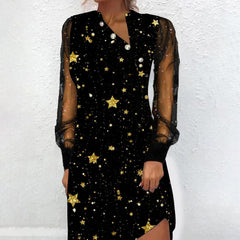 New button mesh splicing digital printing flower long-sleeved Shift Dresses