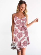 Casual Leafage print V neck Vest Sleeveless Lacing Shift Dresses