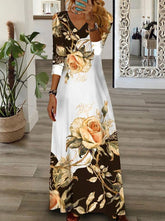 Elegant V neck long sleeve flower printed Long Dress Maxi Dresses