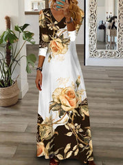 Elegant V neck long sleeve flower printed Long Dress Maxi Dresses