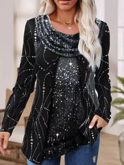 Sequin Stitching Flower Drop Collar Long Sleeve Fake Two-Piece Ladies Top T-Shirts