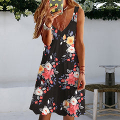 V neck summer women printed floral sleeveless skater dresses