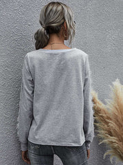 Solid color loose round neck long sleeve top lace t-shirt