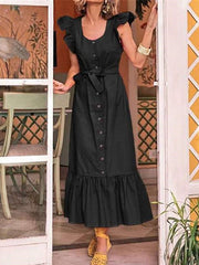 Fashion Pure Round neck Sleeveless Fastener Falbala Lacing Maxi Dresses