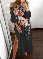 Casual Floral print One shoulder Long sleeve Vent Skater Dresses