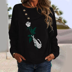 Button Neck Flower Printed Long Sleeve T-Shirts