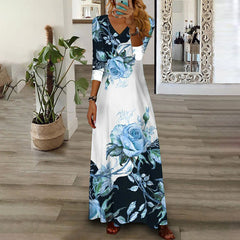 Elegant V neck long sleeve flower printed Long Dress Maxi Dresses