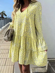 Casual Loose Gored Print V neck Long sleeve Shift Dresses