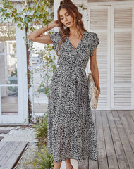 V neck stylish chiffon floral tie waist maxi dresses