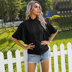 Casual Pure Stand collar Falbala Short sleeve Blouses