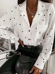 Fashion Heart print Lapel Long sleeve Blouses