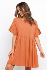 Casual Loose Pure Gored Round neck Short sleeve Shift Dresses