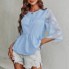 Printed chiffon solid color round neck T-shirts Tops
