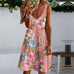 V neck summer women printed floral sleeveless skater dresses