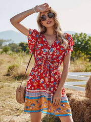 Casual Floral print V neck Short sleeve Drawstring Skater Dresses