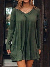 Casual Loose Pure V neck Long sleeve Shift Dresses