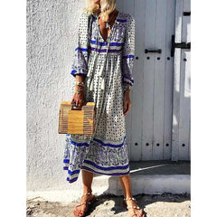 Casual Print V neck Long sleeve Maxi Dresses