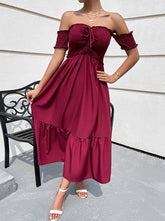 Elegant off shoulder high-waisted solid color party dress