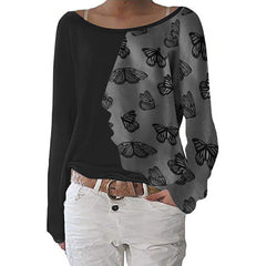 Round neck loose butterfly printed women long sleev autumn T-shirts