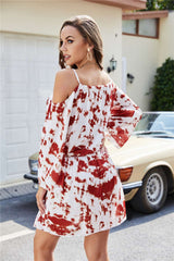 Casual Tie-dye Off shoulder Long sleeve Lacing Skater Dresses