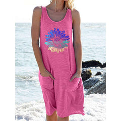 Casual Floral print Round neck Vest Sleeveless Shift Dresses