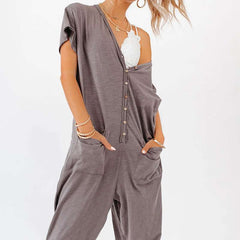 Casual Loose Pure V neck Short sleeve Fastener Jumpsuits