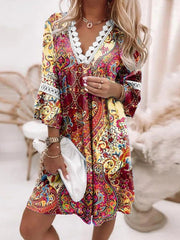 V-neck Casual Loose Paisley Print Long Sleeve Short Skater Dresses
