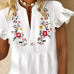 Casual Floral print V neck Short sleeve Falbala Shift Dresses