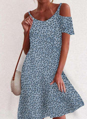 Fashion Floral print Round neck Vest Off shoulder Short sleeve Shift Dresses