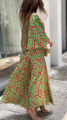 Loose Plus Size Printed Long Sleeve Top & Long Skirt Set Maxi Dresses