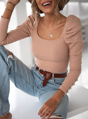 Elegant U neck women long sleeve shirts slim T-shirts