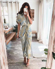 Elegant Short Sleeve Satin V neck maxi dresses for women