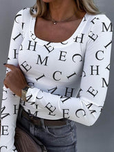 Fashion letter printed pullover U-neck long-sleeved T-shirts Long Sleeve Tops