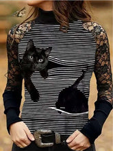 Fashion Lace Gored Cat print Half high collar Long sleeve T-Shirts