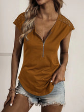 Round neck zip design lace short sleeve t-shirts