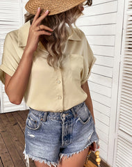 Elegant fashion turn down neck plain with pocket short sleeve blouses